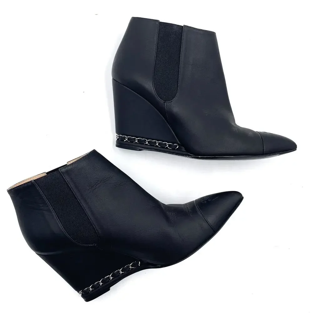Chanel Wedge Booties Black Leather CC Logo Chain Pointed Ankle‎ Sz 37.5 / 7.5